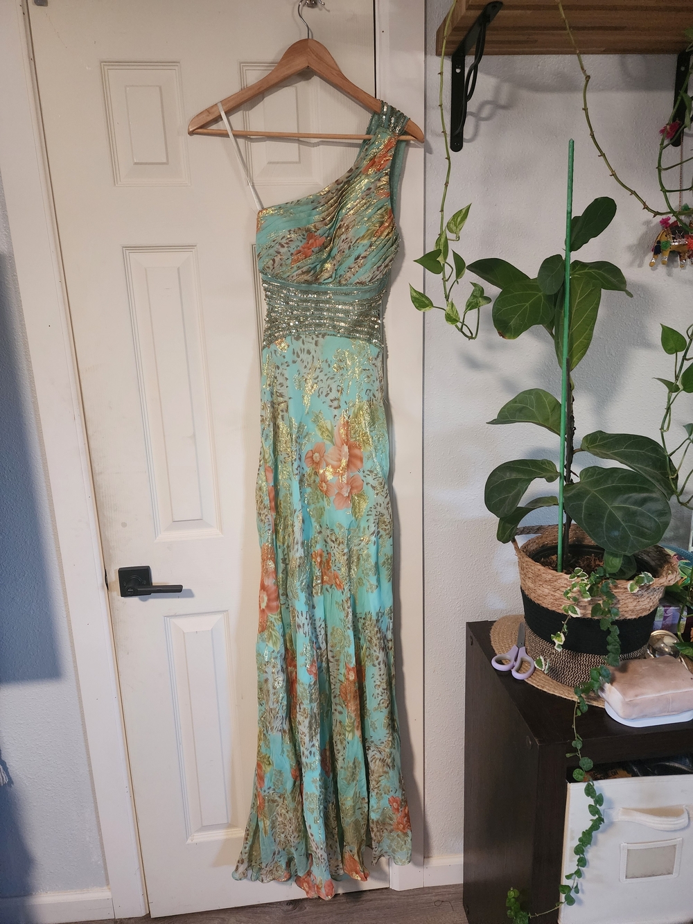 One-Shoulder Aqua Floral Evening Dress with Beaded Waist